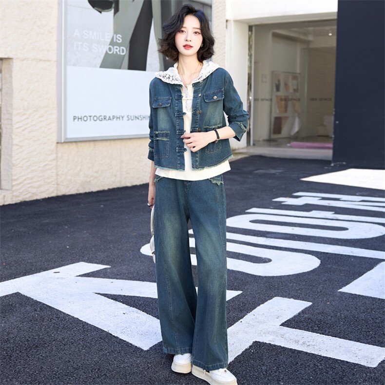 时尚牛仔套装秋季新款小众百搭衬衫复古盐系轻熟休闲运动三件套裤,女装套装/套裙,欣品汇