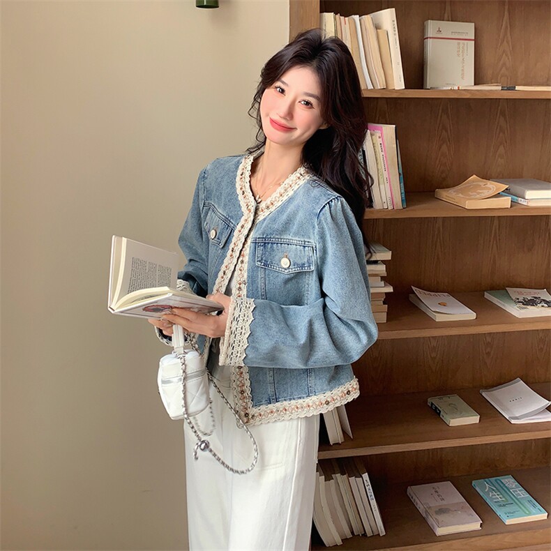 蕾丝花边拼接牛仔外套女春秋2025新款小香风减龄上衣独特漂亮百搭,女装短外套,2C218