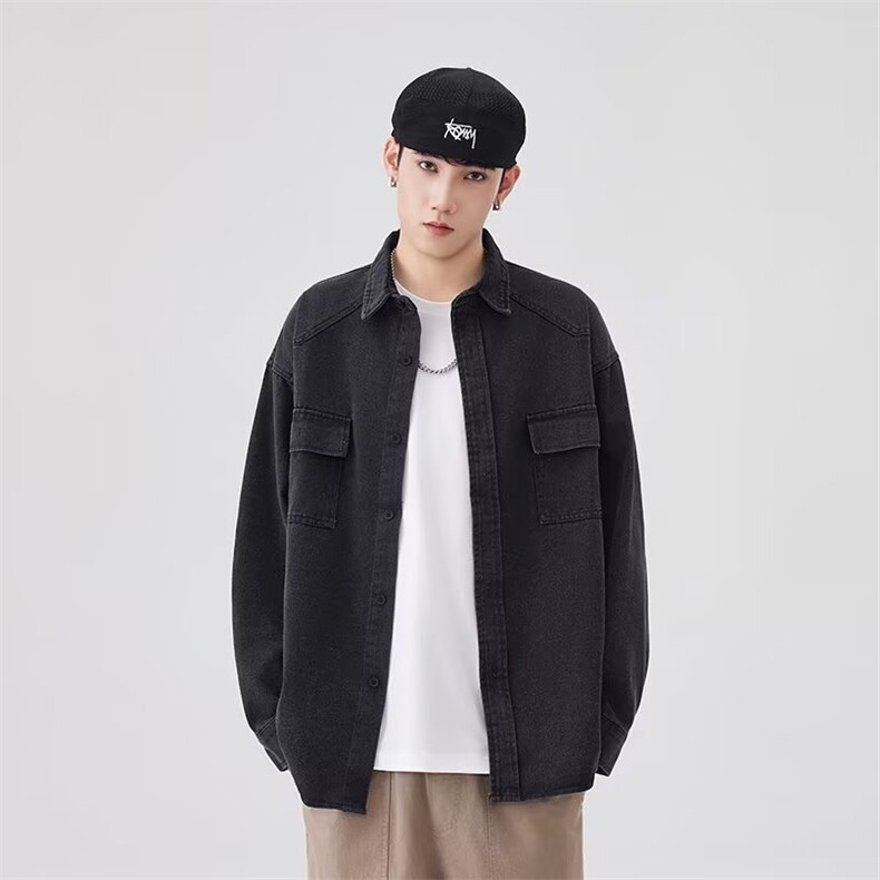 衬衫宽松休闲翻领长袖工装牛仔衬衣夹克外套男5344P62,男装衬衫,星座410-2