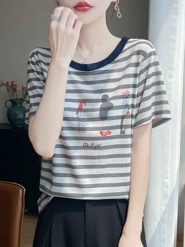 2025秋冬百搭时尚简约圆领条纹短袖，女装针织衫/毛衣，羊特美羊绒