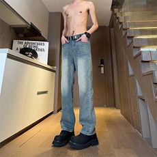 现货主推渐变复古蓝微喇直筒松紧腰休闲牛仔裤男女K5809-P50控69，男装牛仔裤，星座205