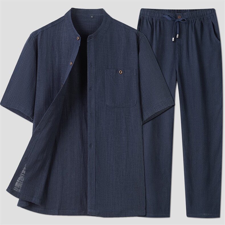 亚麻短袖唐装男款套装风男装夏季中老年男士中式棉麻爸爸夏装，男装民族服装，电商B212（原钱塘6029）