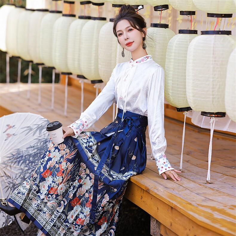 苏杭原创明制汉服女改良版新中式马面裙套装国风半身长裙子两件套,女装套装/套裙,丽美静依