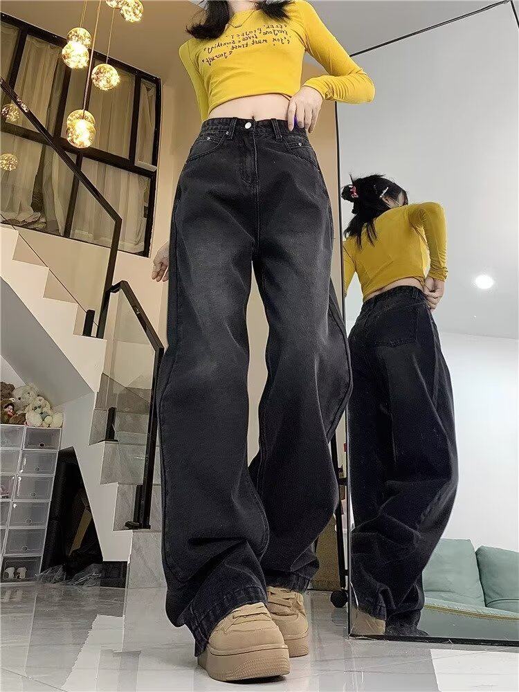 直筒牛仔裤女新款高腰显瘦大码拖地复古阔腿裤子NF55-p40加绒48,女装牛仔裤,星座1008