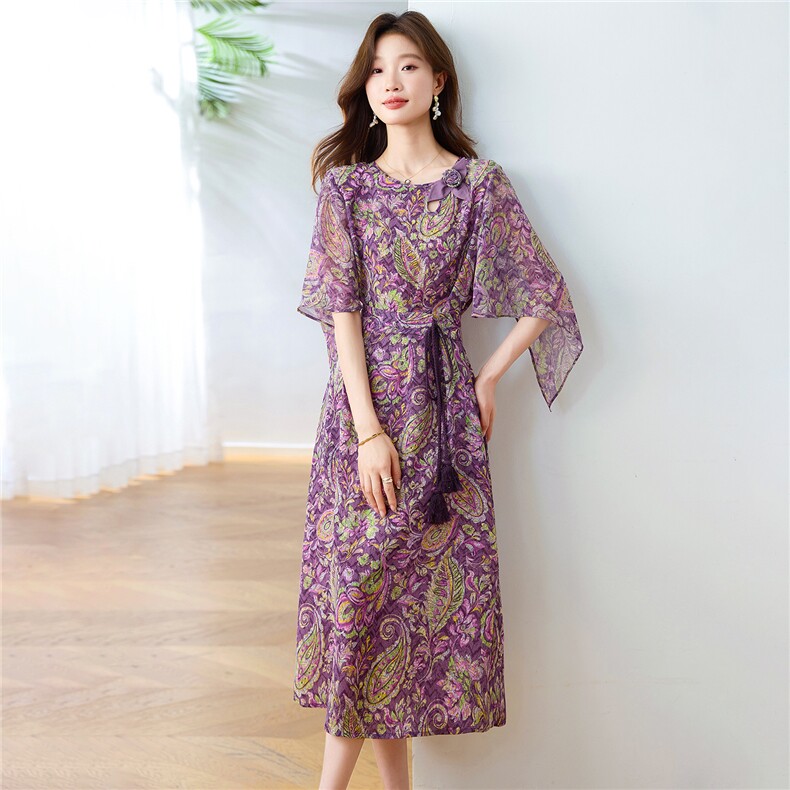 优雅气质贵夫人印花连衣裙女2025夏季薄款收腰显瘦女人味绝美裙子,女装连衣裙,布芭啦