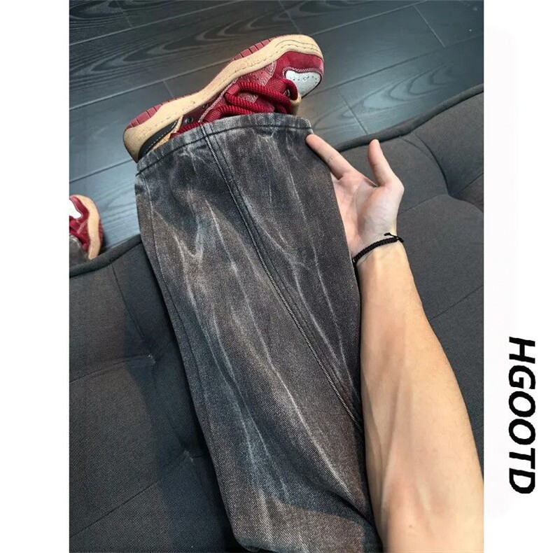 1506/QWY390/P52黑灰色渐变闪电纹美式复古裤子直筒微喇裤,男装休闲裤,星座1506