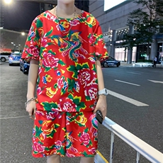 TZ203男女休闲东北大花短袖圆领T恤衫短裤可套装单选团队服风，男装休闲套装，星座115A(原星座507）