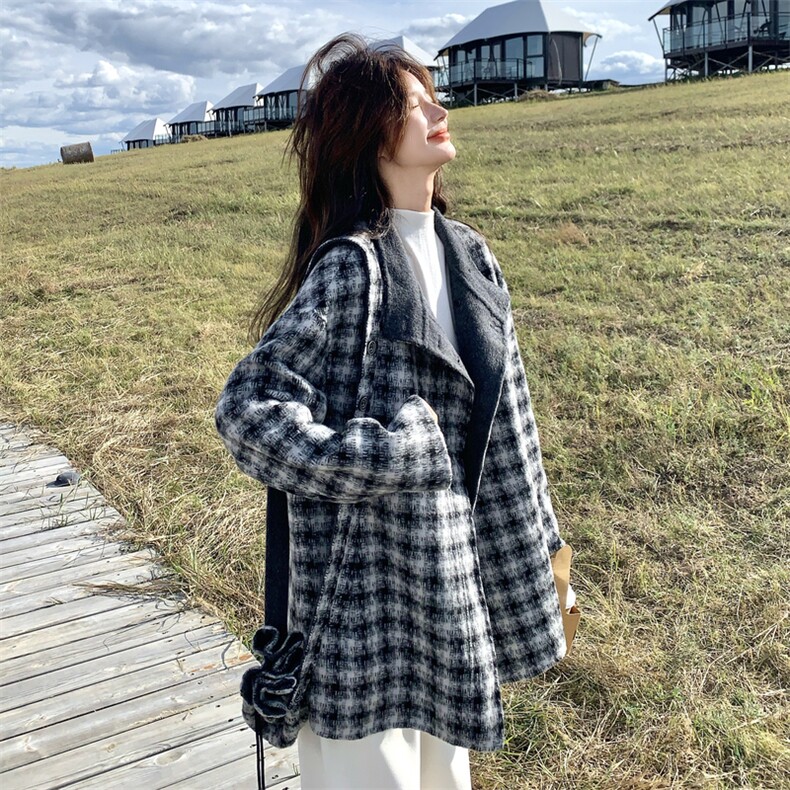 复古千鸟格双面呢大衣女2025年冬季新款韩系超好看气质羊毛呢外套,女装羊绒大衣,2C056