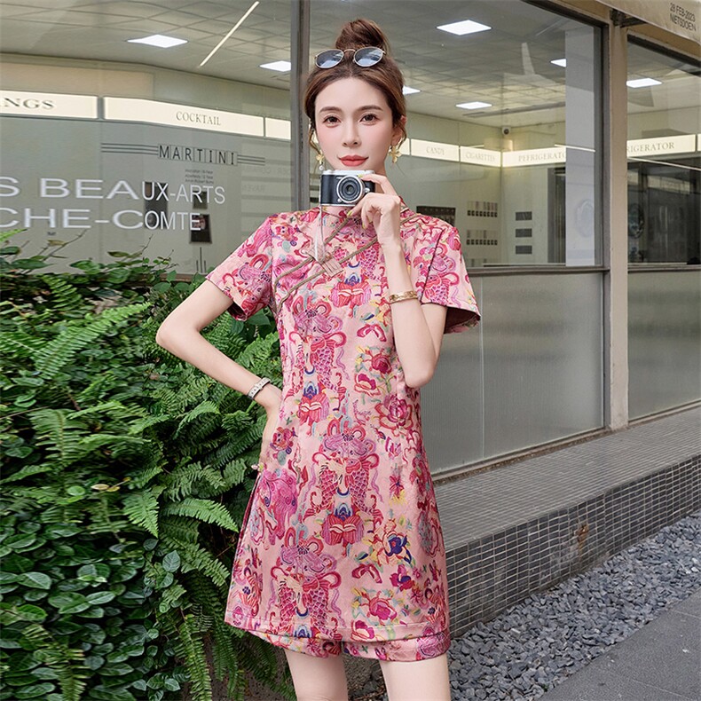 新中式国风连衣裙短裤套装女2025夏季新款复古印花改良旗袍两件套,女装套装/套裙,韩宇舍