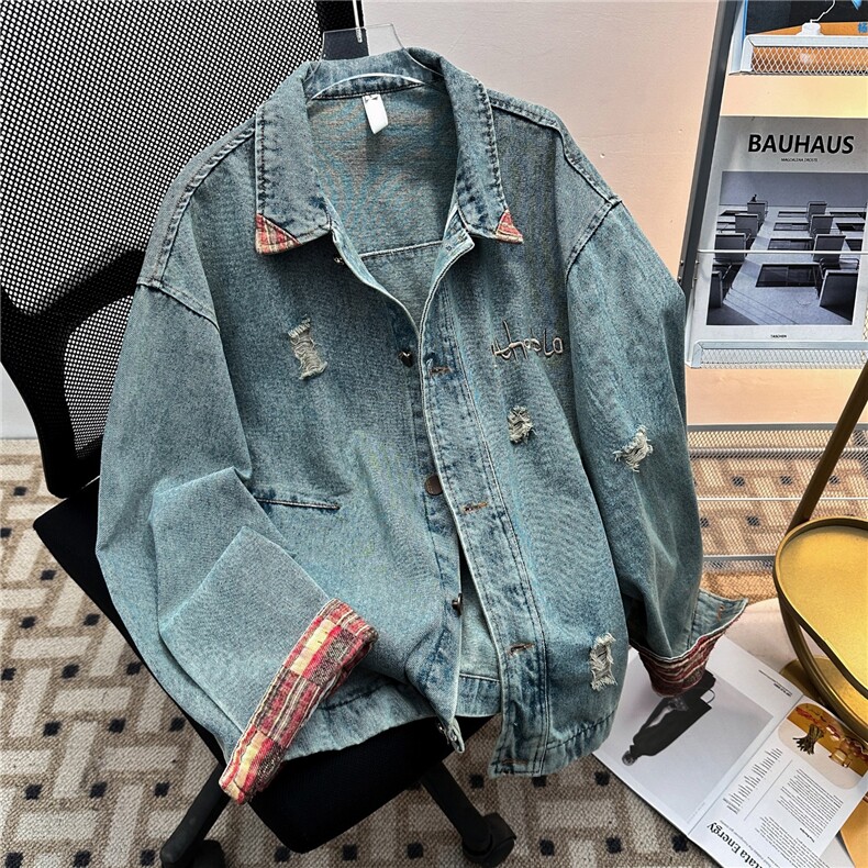 春秋美式撞色牛仔外套男设计感衣角撞色潮复古宽松夹克HH8222P78,男装工装外套,星座1013-5