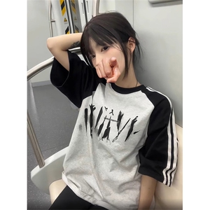 夏季美式高街重磅纯棉三条杠织带插肩撞色男女短袖T恤CZ91-特P25
