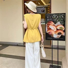 夏季新款韩系圆领系带无袖衬衫+阔腿裤两件套女显瘦时尚套装，女装针织衫/毛衣，雅鹿