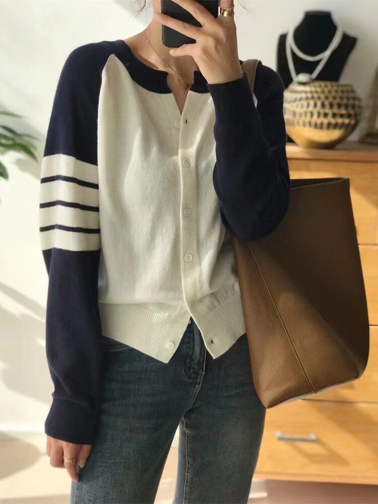 秋冬新款百搭时尚柔软撞色拼接显瘦开衫外套女图片