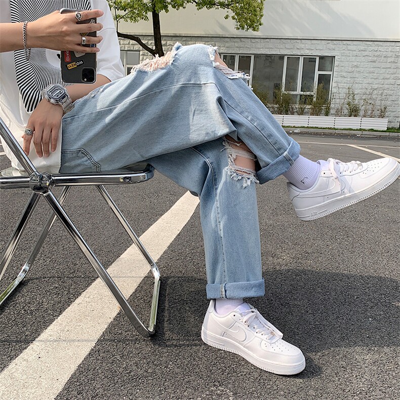 乞丐裤男宽松潮牌夏季薄款破洞牛仔裤韩版潮流直筒九分裤N898-P40,男装牛仔裤,星座1008-1