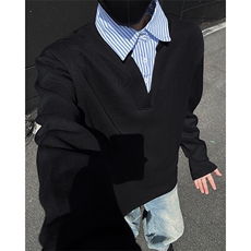 T329-特P33控68300克秋季假两件衬衫领长袖潮牌宽松拼接T恤男，男装T恤，电商A058-1（原电商C417）