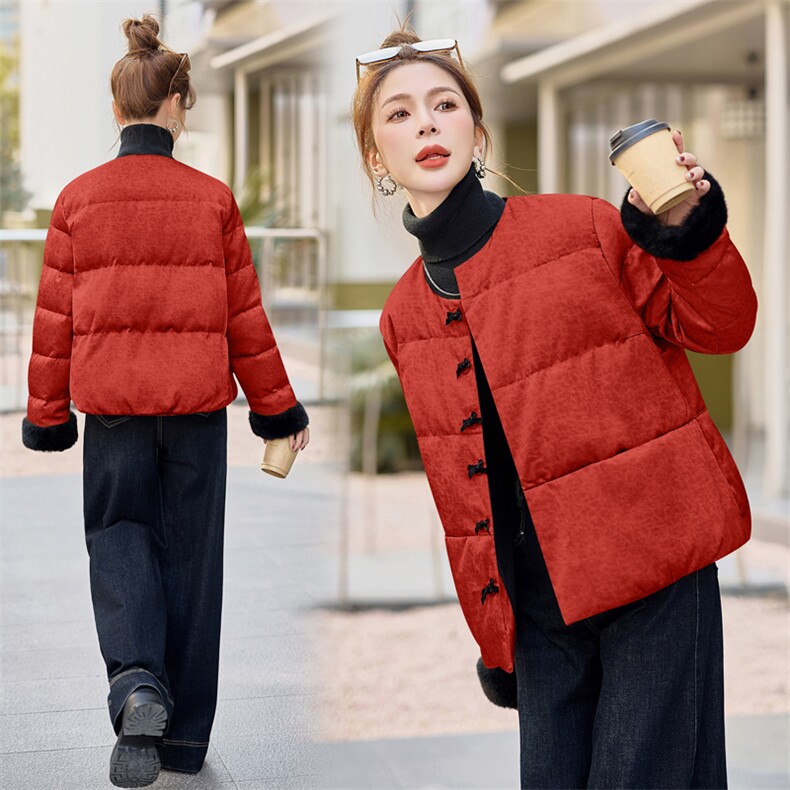 新中式提花羽绒服女2024冬季款毛绒拼接小个子白鸭绒保暖外套,女装羽绒服,火爆靓佳人
