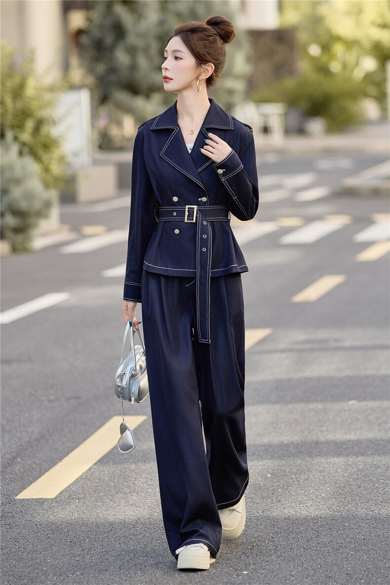 （新款现货）2026春装时尚双排扣肩章天丝牛仔阔腿裤套装(配腰带,女装套装/套裙,印象茜