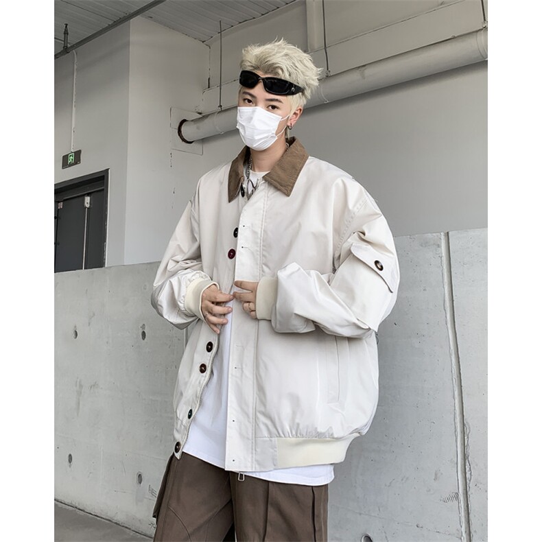 复古设计感拼色工装翻领夹克男潮牌宽松情侣休闲外套,男装夹克,星座410-7