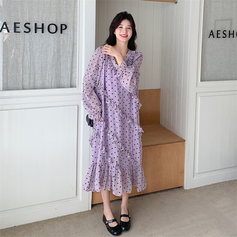 绝美紫色木耳边波点连衣裙女2025夏季新款韩系温柔风宽松v领长裙,女装连衣裙,2C272