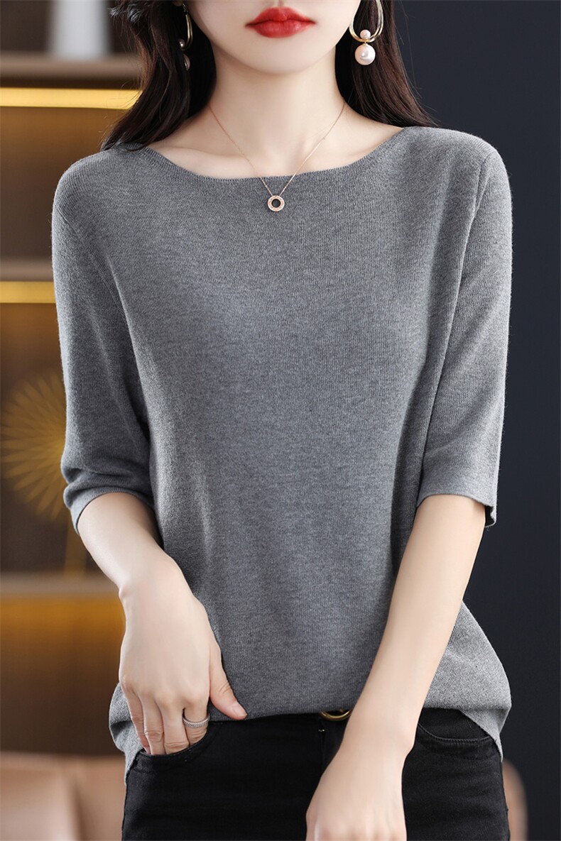 新款春夏秋小衫一字领短袖女精纺百搭t恤内搭针织打底衫四季可穿,女装T恤,斯尔特羊绒