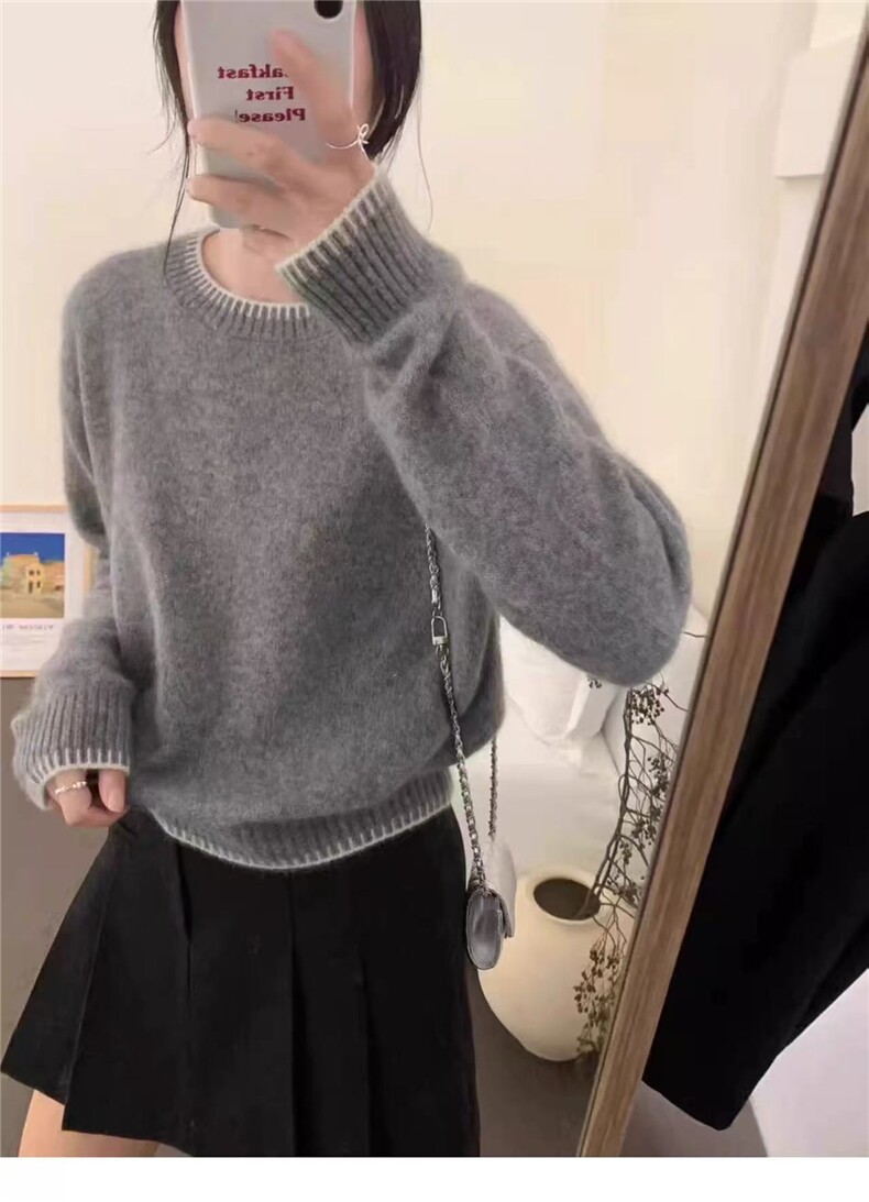 拼色圆领100羊毛衫女冬季新款软糯欧货高端针织打底毛衣百搭,女装羊毛衫,美轩羊绒
