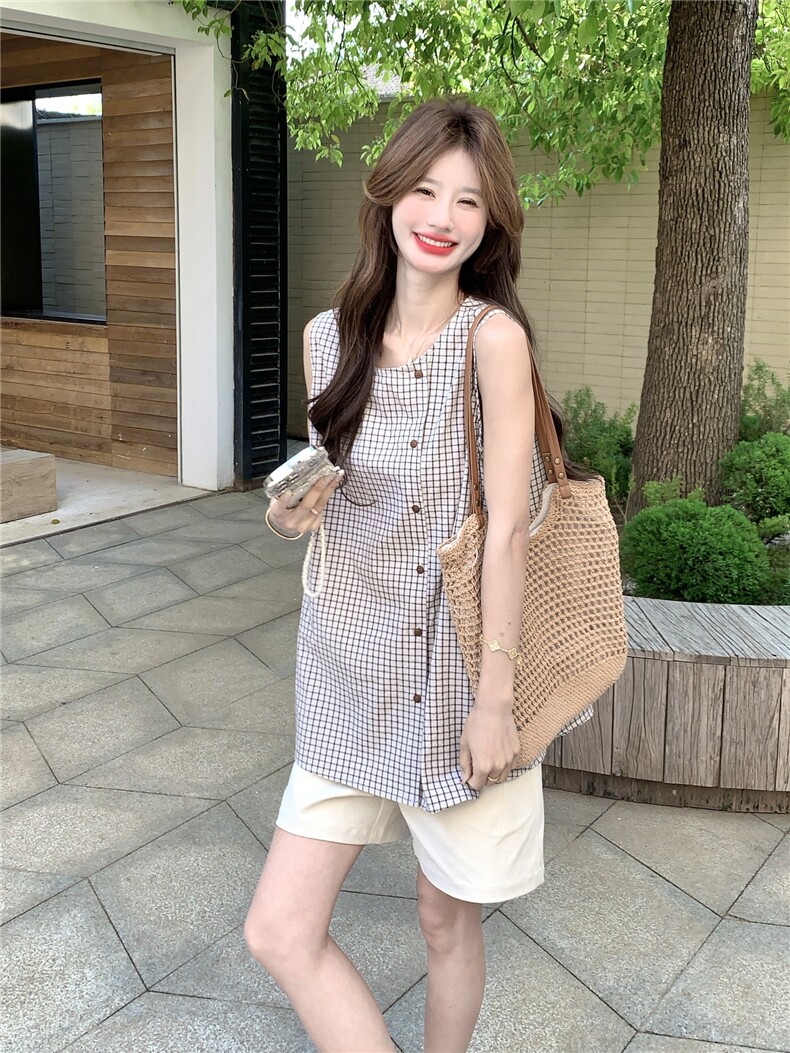 格纹套装女夏季2026新款韩系复古慵懒百搭显瘦背心高腰短裤两件套,女装套装/套裙,艾米莉亚