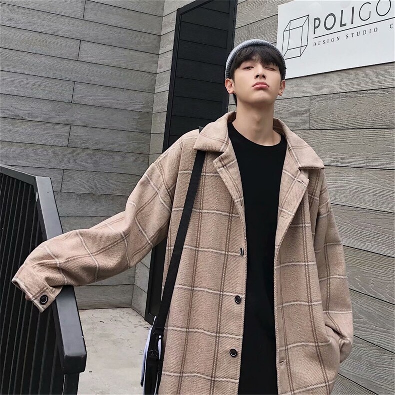 秋冬格子外套男韩版潮流帅气bf毛呢大衣ins宽松港风风衣WT569-p70，男装风衣，星座1008-2