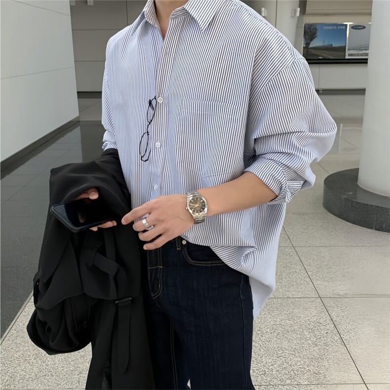 春秋条纹长袖衬衫男韩版潮流寸衫日系休闲衬衣宽松上衣XZ710-813图片