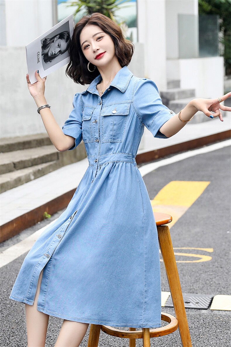 2022新款夏韩版牛仔连衣长裙短袖修身显瘦大,女装连衣裙,瑶迪依秀