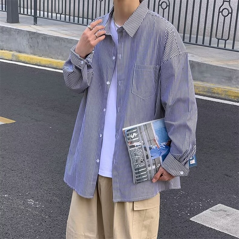 长袖衬衫男港风日系宽松高级感条纹潮ins休闲衬衣外套CS2008-P30,男装衬衫,星座1008
