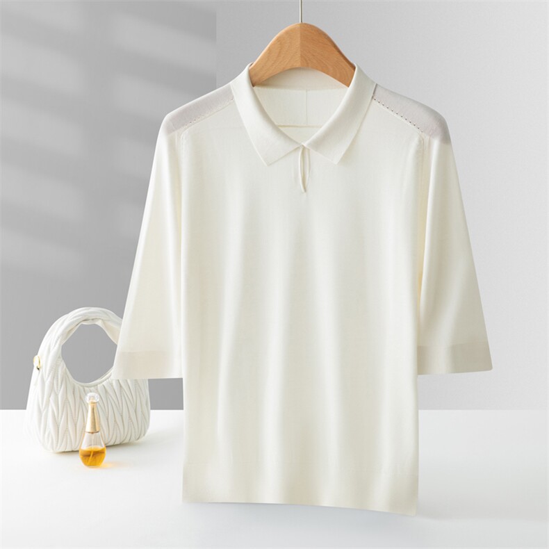 2025年夏季五分袖POLO领套头纯色简约百搭上衣，女装针织衫/毛衣，晨晟羊绒