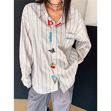 味复古高街刺绣条纹衬衫女2025春季新款设计感别致长袖上衣外套，女装衬衫，星座506A
