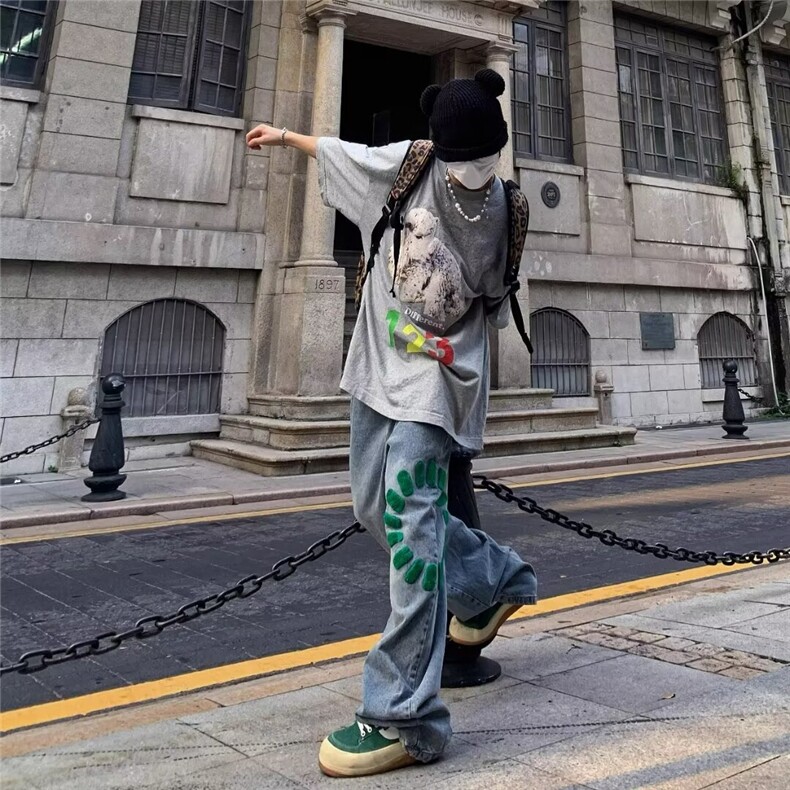美式高街牛仔阔腿裤男韩版潮流帅2024夏季新款ins长裤RK1651-P55,男装牛仔裤,星座412-2