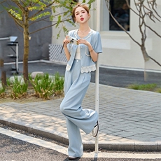 小香风时尚套装女2025夏季新款气质减龄蕾丝拼接外套阔腿裤两件套，女装套装/套裙，伊仟回