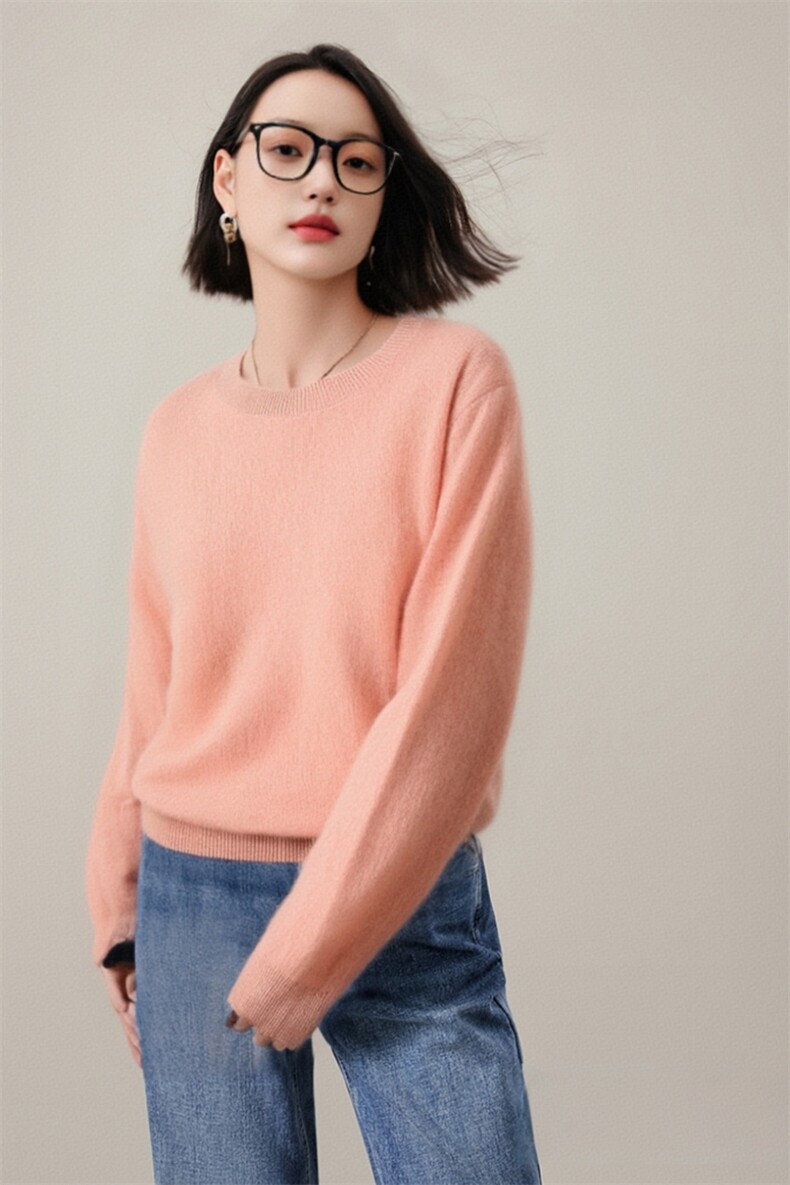 休闲/淑女2025年春季通勤常规羊毛拉毛圆领长袖,女装羊毛衫,雅之冉羊绒