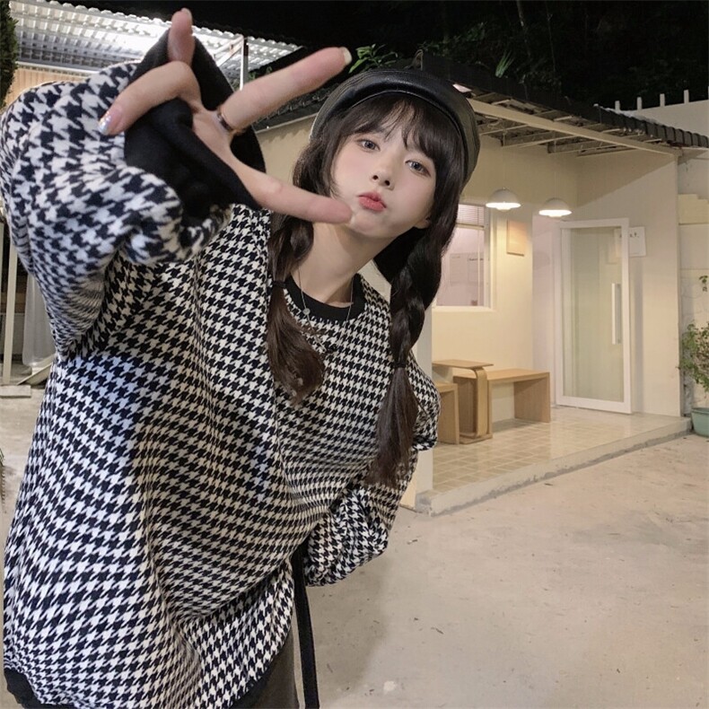 320g复合棉2025秋冬装加绒加厚宽松千鸟格时尚套头卫衣7004-p50,男装卫衣,星座911-3