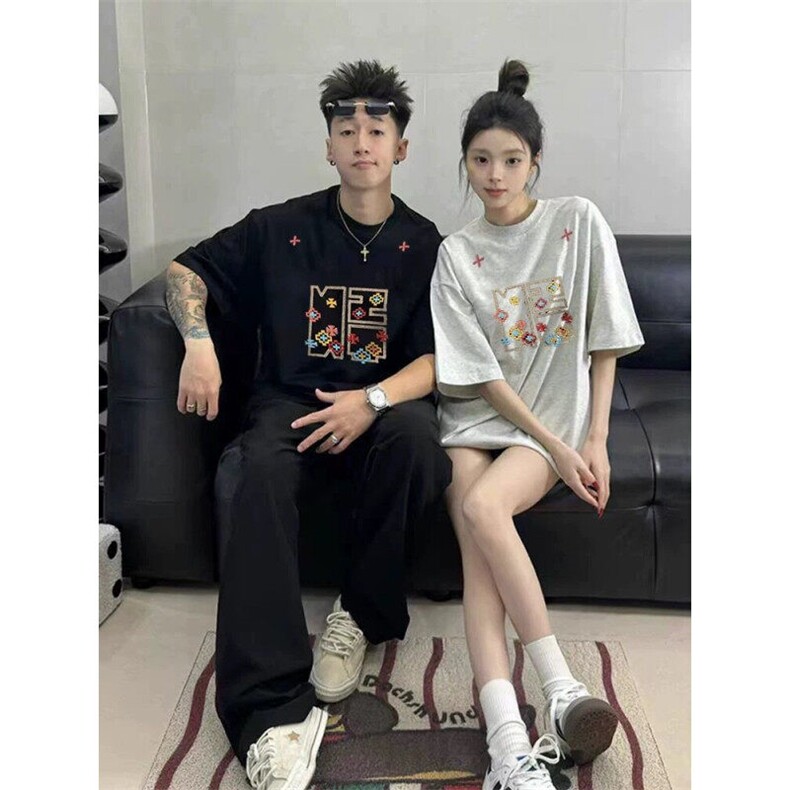B0516-p35设计感 刺绣 精梳紧密短袖t恤情侣款图片