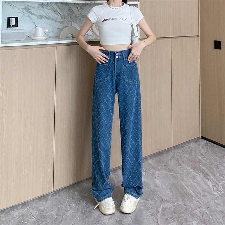 设计感小众女装提花高腰阔腿牛仔裤女秋季2024年新款直筒拖地裤潮,男装牛仔裤,星座506A