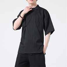 《八旗都统》新中式蟒纹提花改良汉服风盘扣短袖茶禅服31221，男装T恤，星座305A（原312A-1）