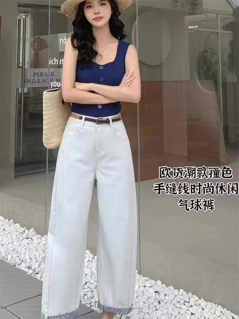 2025年秋季时尚百搭通勤简约休闲明线印花牛仔气球裤，女装牛仔裤，湘姗