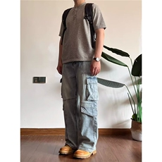 潮牌做旧水洗浅色重工多口袋工装裤男宽松阔腿牛仔裤AM829P60，男装牛仔裤，星座1013-5