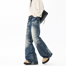 重工猫须磨白水洗做旧牛仔裤190男高个子加长微喇休闲阔腿裤KZ094，男装牛仔裤，电商B312