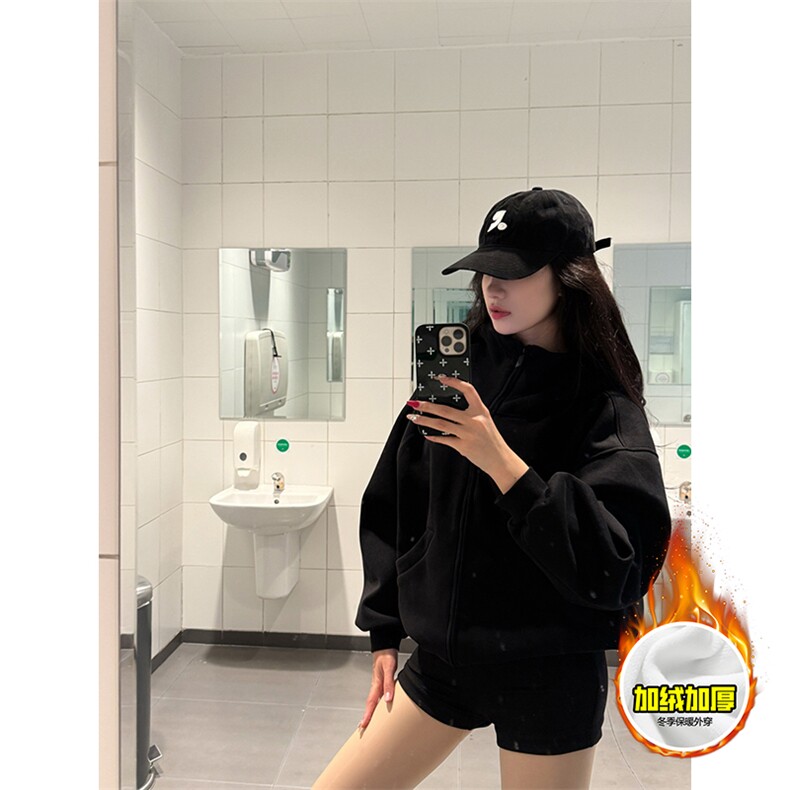 480G重磅加绒硬挺boxy男女秋冬美式高街防风高领卫衣开衫厚外套，女装短外套，电商A486-1