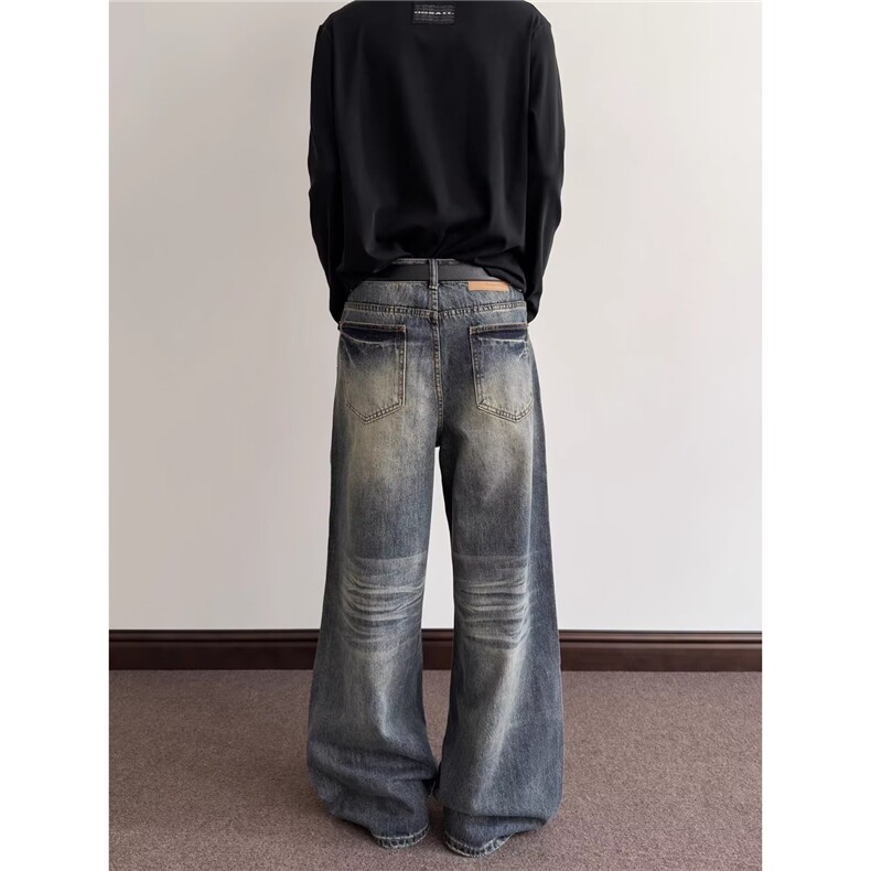 美式复古潮流阔腿牛仔裤男女弯刀伐木裤宽松直筒微喇裤NB5154-P53,男装牛仔裤,星座208-5