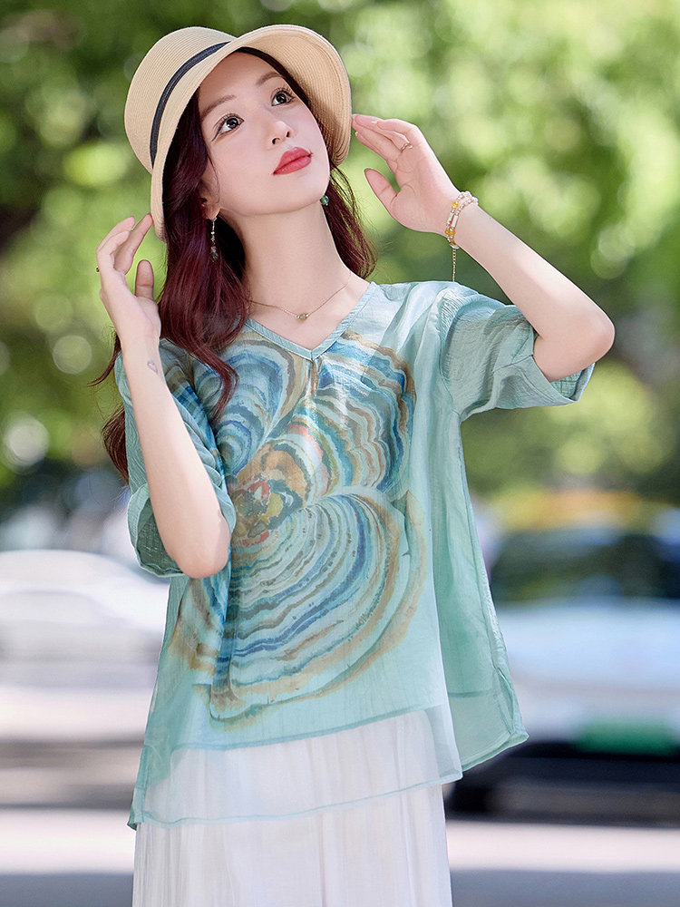 现货！夏季新款2025套装女简约时尚优雅气质天丝麻料印花上衣,女装衬衫,涵墨