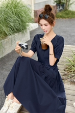 现货2025夏新款时尚百搭V领收腰显瘦连衣裙女中长款韩版休闲长裙，女装连衣裙，关键词