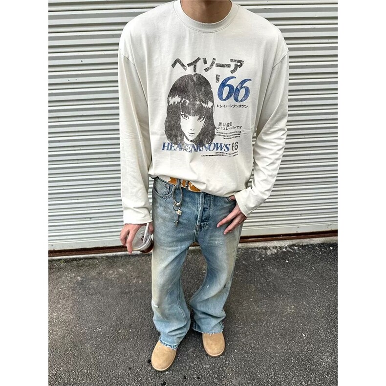 涩谷女孩手绘漫画长袖T恤男女春秋2025新款潮牌高街休闲上衣图片