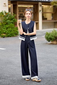 气质蕾丝花边牛仔马甲阔腿裤两件套女2025夏季新款超火穿搭一整套图片