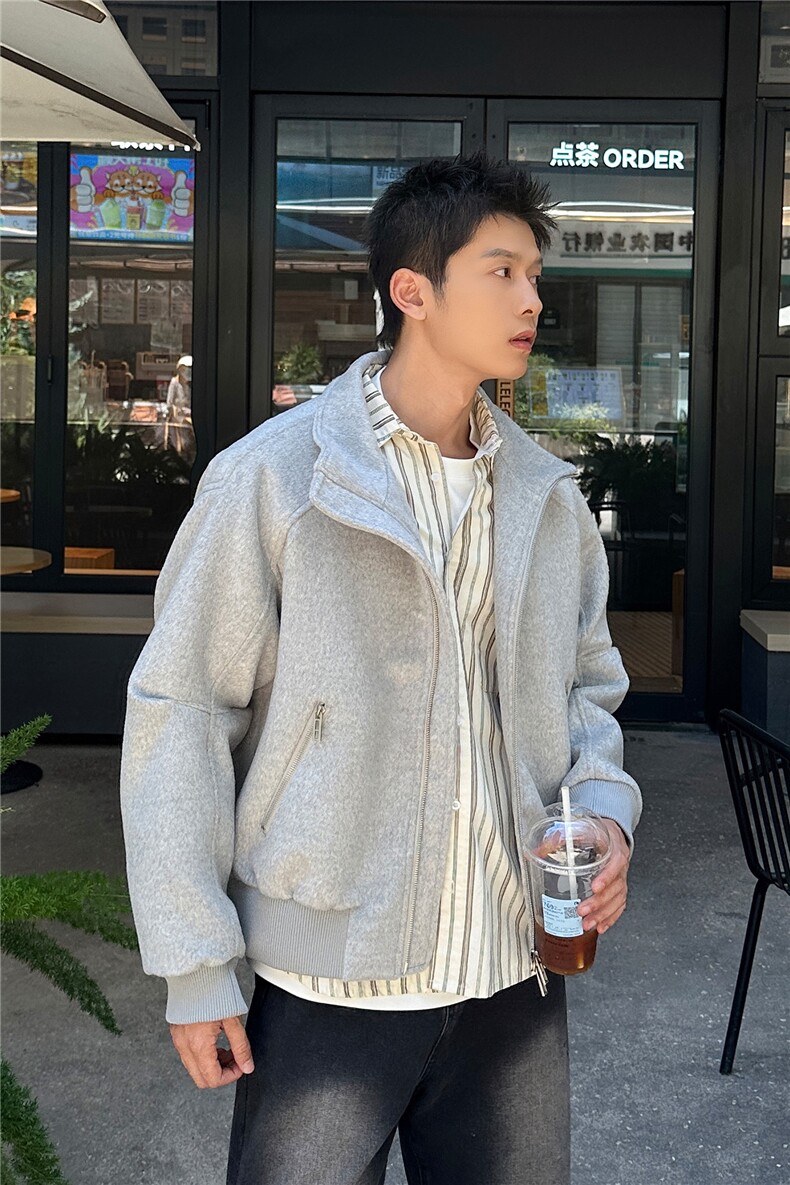 双拉链毛呢夹克外套秋冬短款呢子大衣宽松妮子风A236-JK632-P170,男装毛呢大衣,电商A236