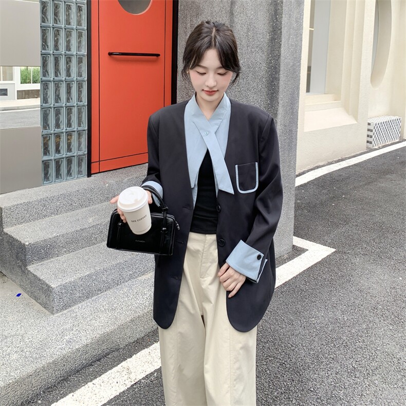 通勤拼接假两件短款西服上衣女春秋超火好看高级小众职业西装外套,女装西装,韩蜜菓